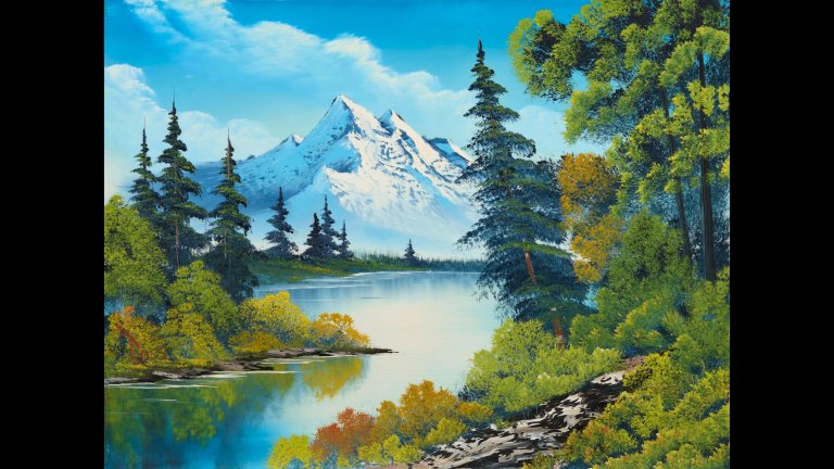 Oil painting by Bob Ross depicting a mountain and forest near a lake
