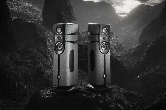 The Focal Diva Alta Utopia integrated active loudspeakers against a virtual otherworldly background