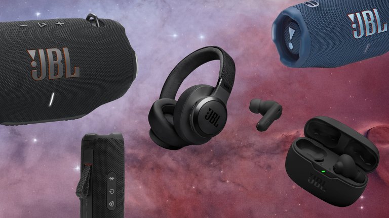 A collage of JBL party speakers and headphones on a cosmic background for Amazon Prime Day Deals 2026