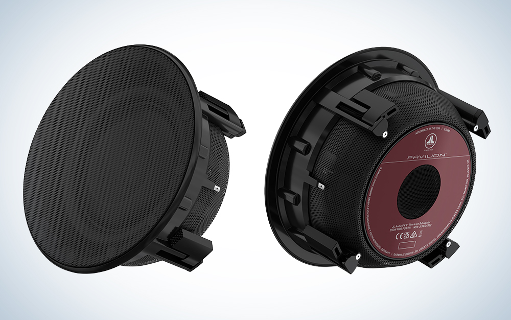 The front and back of the JL Audio Pavilion in-wall subwoofer speaker
