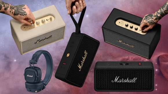 A collage of Marshall wireless speakers and headphones on a cosmic background for Amazon Prime Deal Days