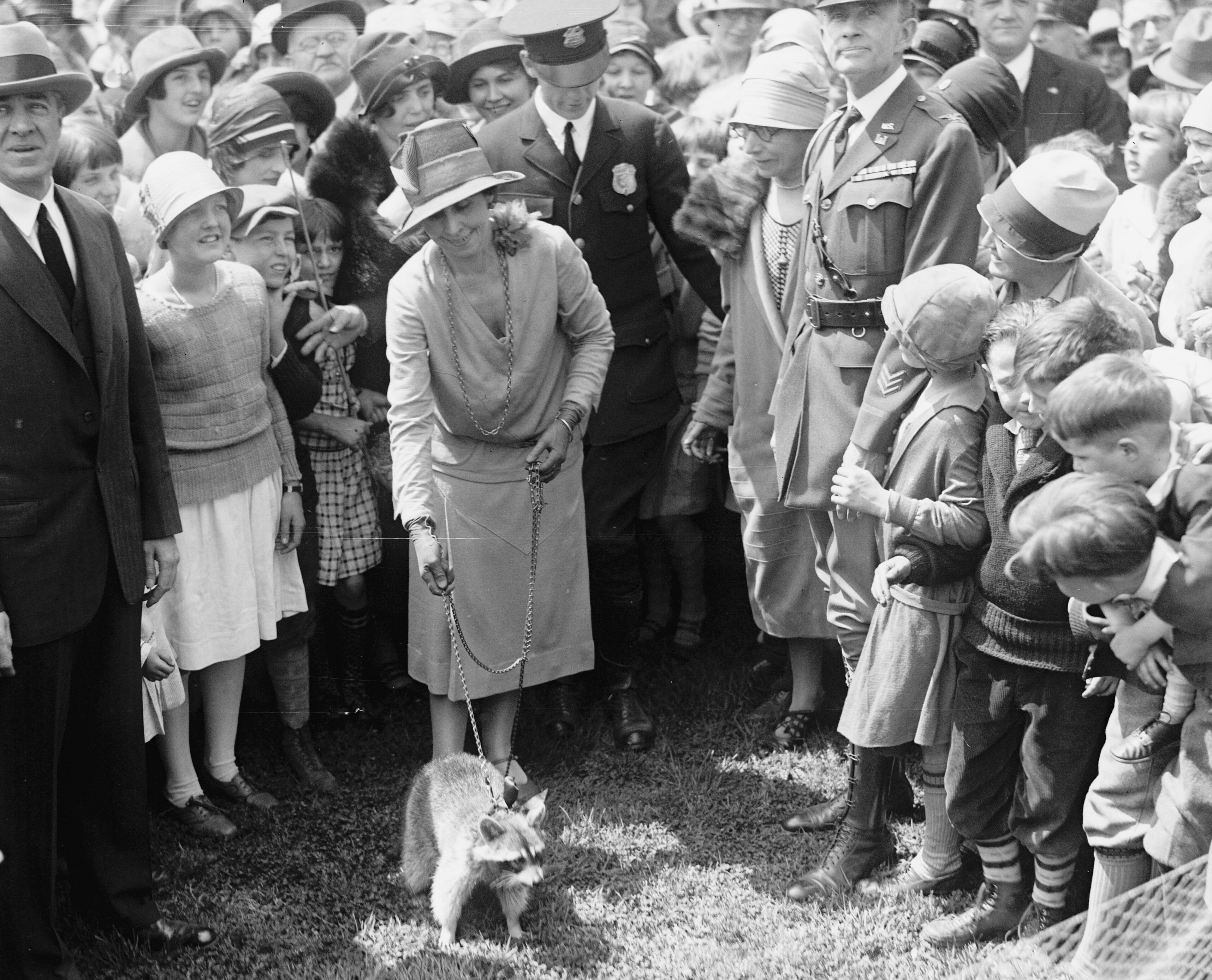 Black and white photograph of First Lady Grace Coolidge with a raccoon on a leash surrounded by a crowd on a lawn.