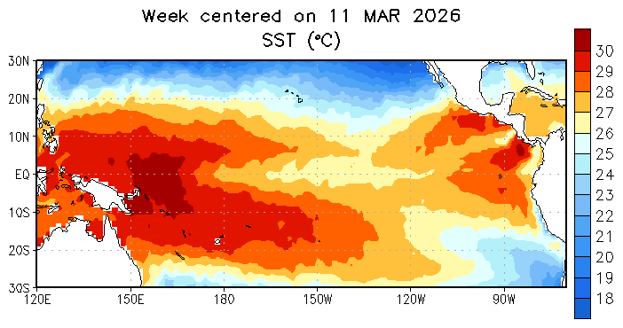 A GIF of a map of the Pacific Ocean showing higher temperatures in red, orange and yellow.