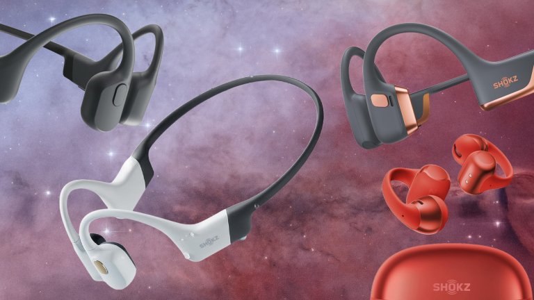 A collage of Shokz headphones and earbuds on a cosmic background for Amazon Prime Deal Days