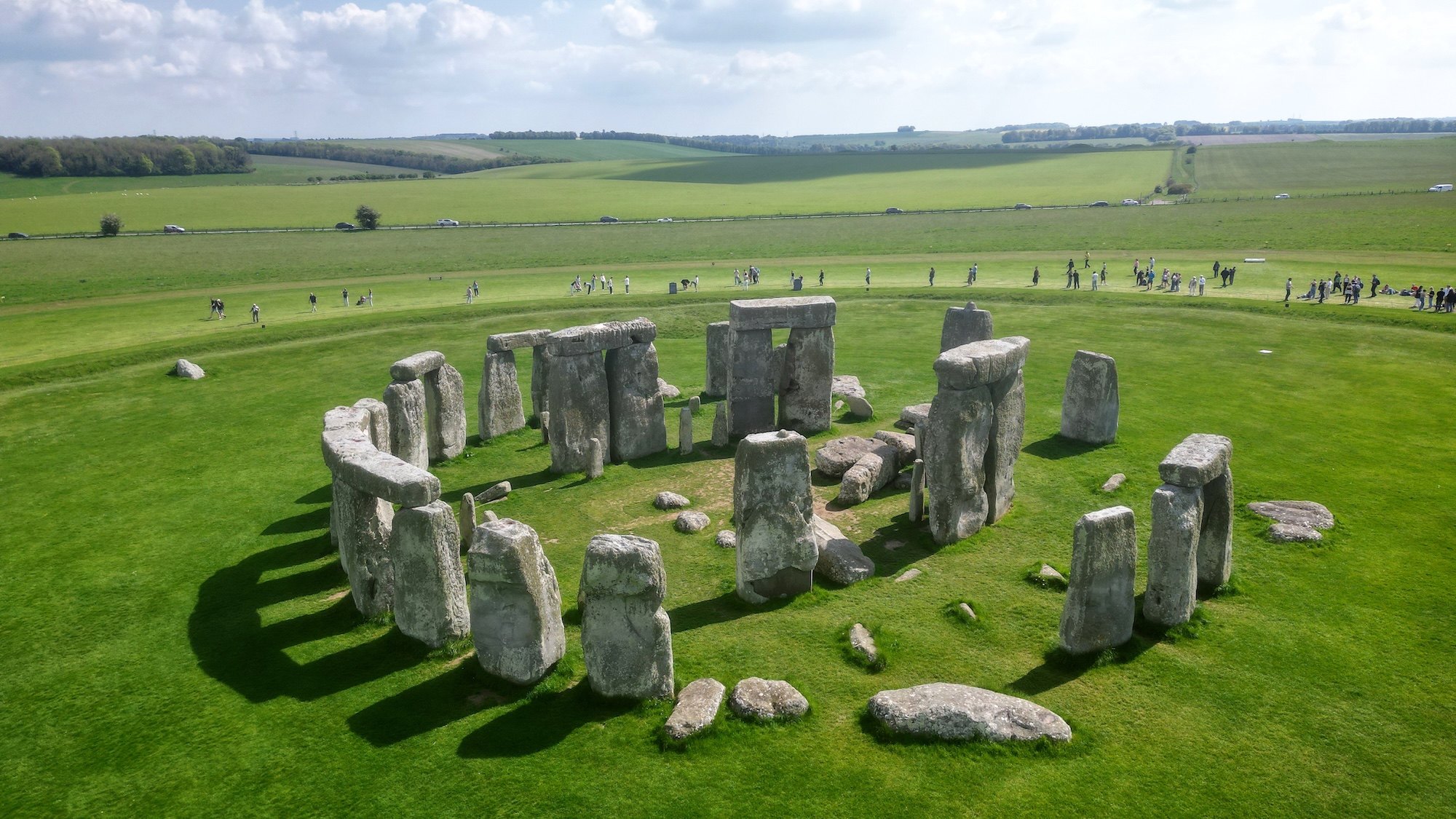 Drone view of Stonehenge and Wiltshire Countryside in England, UK. The stone circle dates to 3000 BC and is one of the best known ancient wonders of the world and UNESCO World Heritage Site.