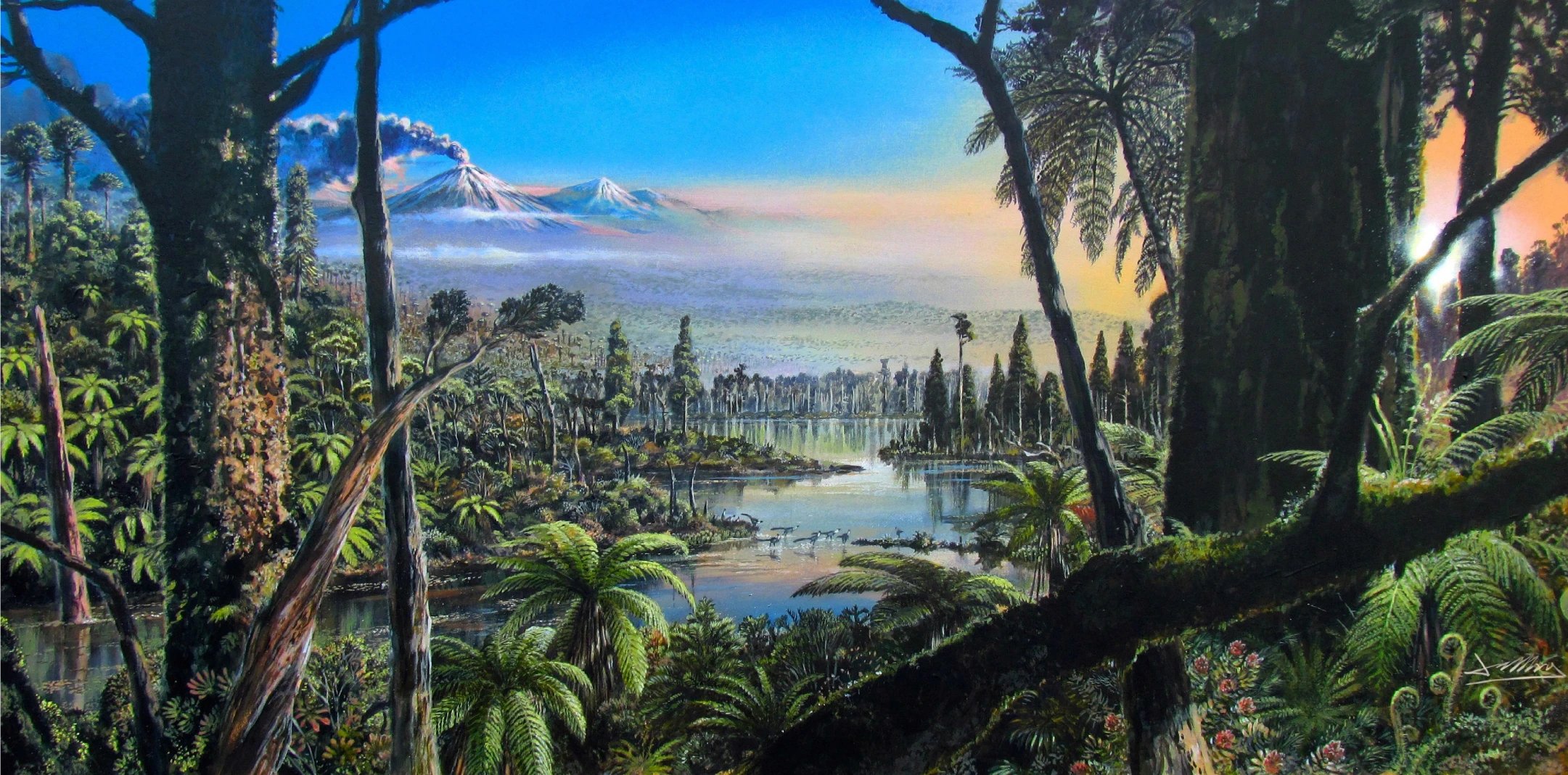 Landscape painting of prehistoric rainforest