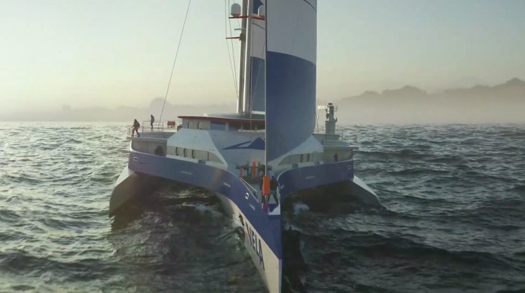 a three hulled sailboat