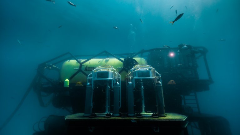 Exterior photograph of DEEP's Vanguard underwater installation surrounded by fish in the Florida Keys