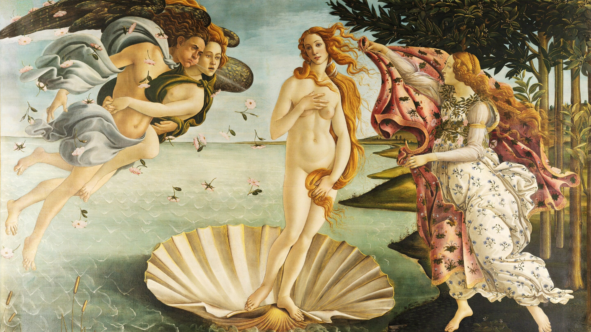 a painting of a young woman standing in a clamshell with angels around her