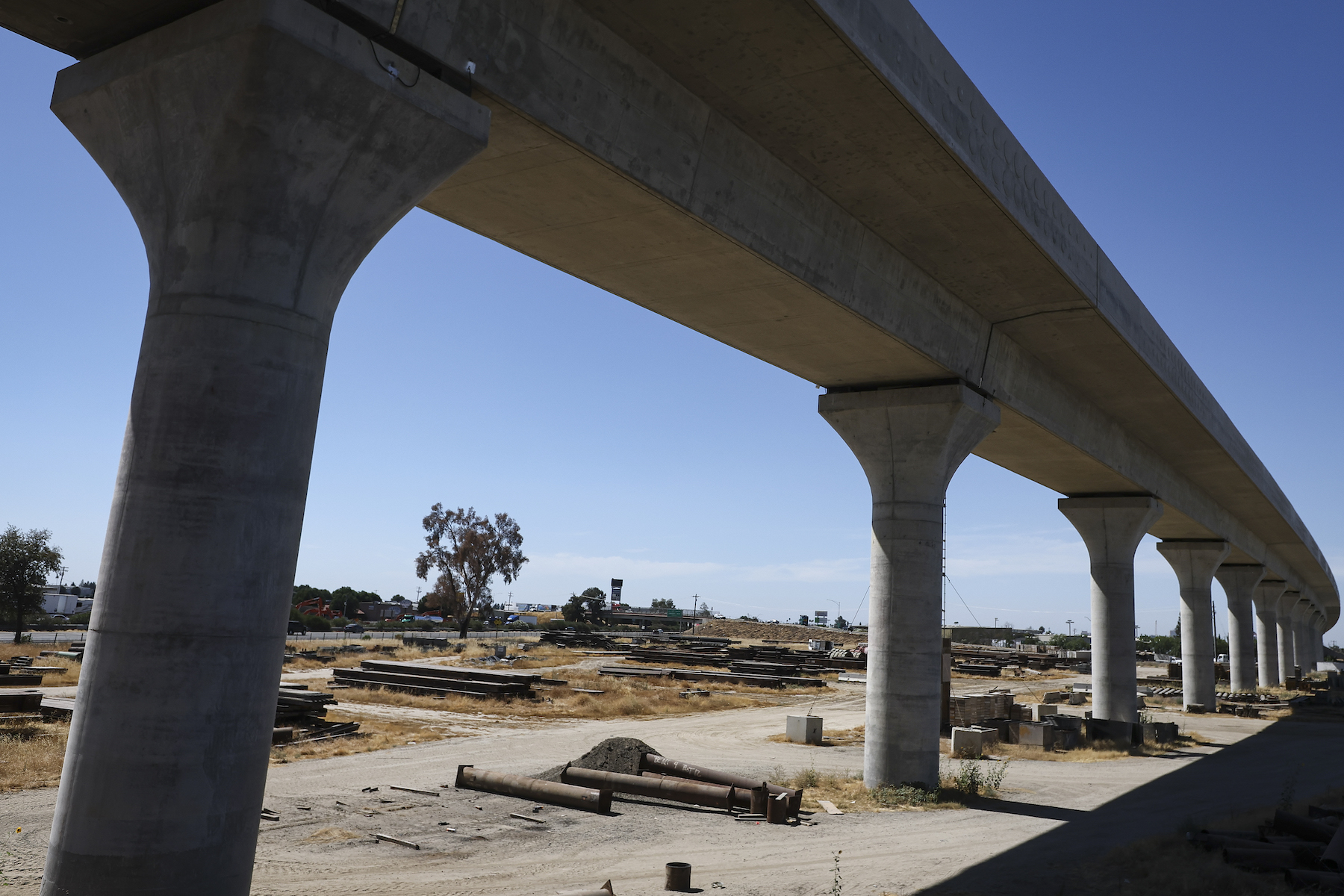 A general view of the construction site for the California High-Speed Rail Project in Fresno, California, on August 7, 2025. The California High-Speed Rail Authority faces years of delays, missed deadlines, and rising costs. Construction takes place only in the Central Valley portion of the San Francisco-to-Los Angeles route. (Photo by Michael Yanow/NurPhoto via Getty Images)