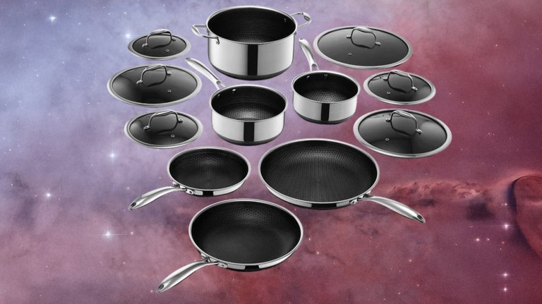 12-piece Hexclad Hybrid Pots and pans set on a space background