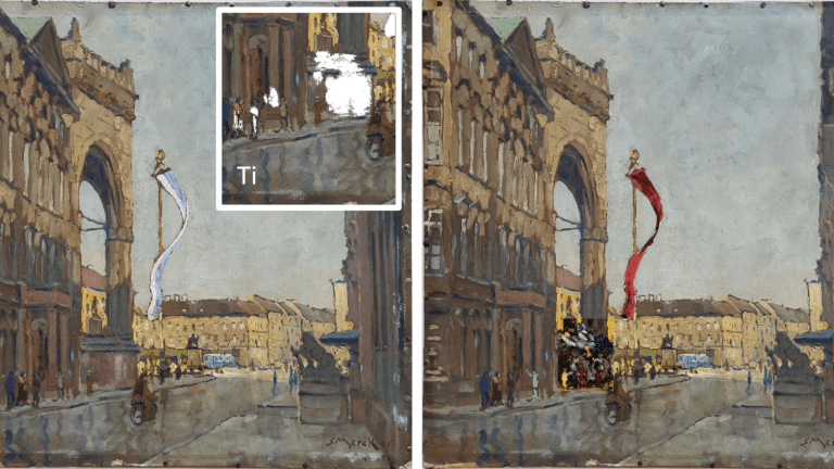Left: The painting depicts a corner of Munich’s Odeonsplatz, with the Bavarian flag flying over the square. X-ray fluorescence analysis shows where areas have been overpainted with titanium white. Right: False-colour representation of the reconstructed painting featuring the memorial and the Nazi flag.
