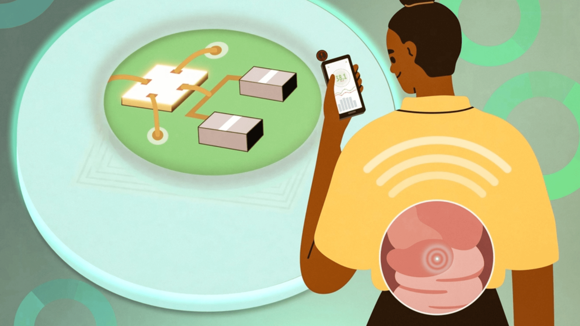 an illustration of a woman monitoring her body temperature using a sensor in her stomach