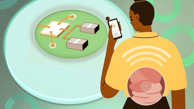 an illustration of a woman monitoring her body temperature using a sensor in her stomach