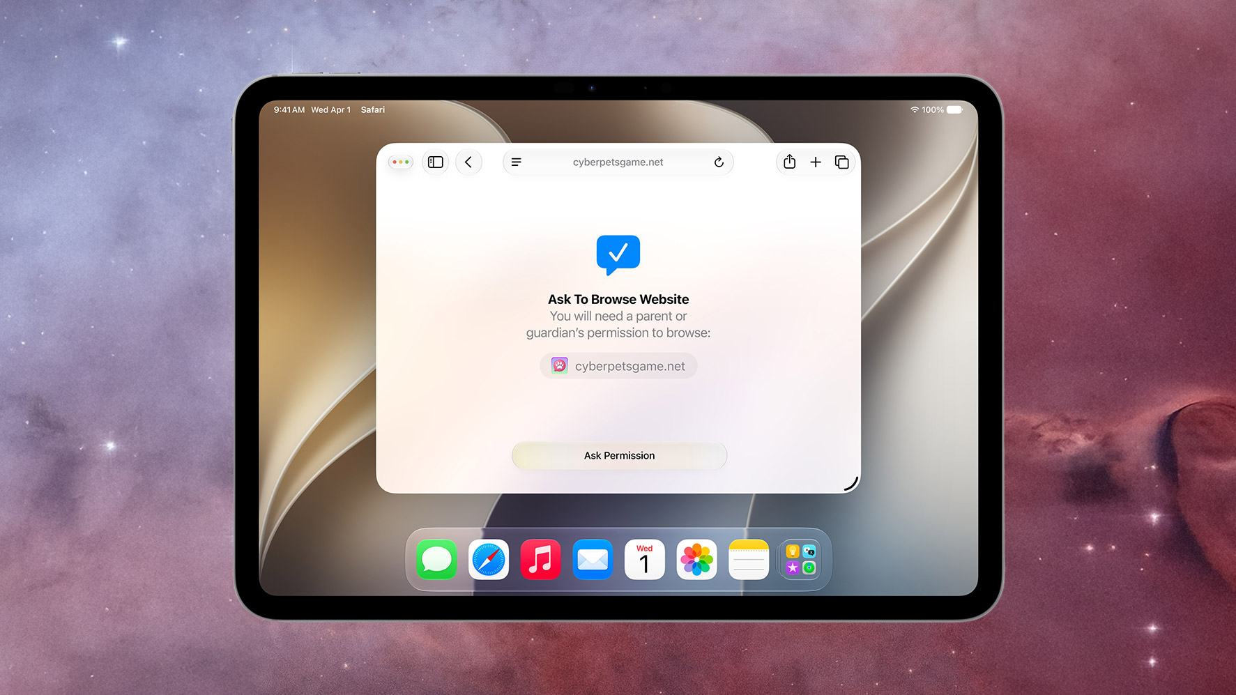 Apple ipad with a request for a child to look at a website on the screen.