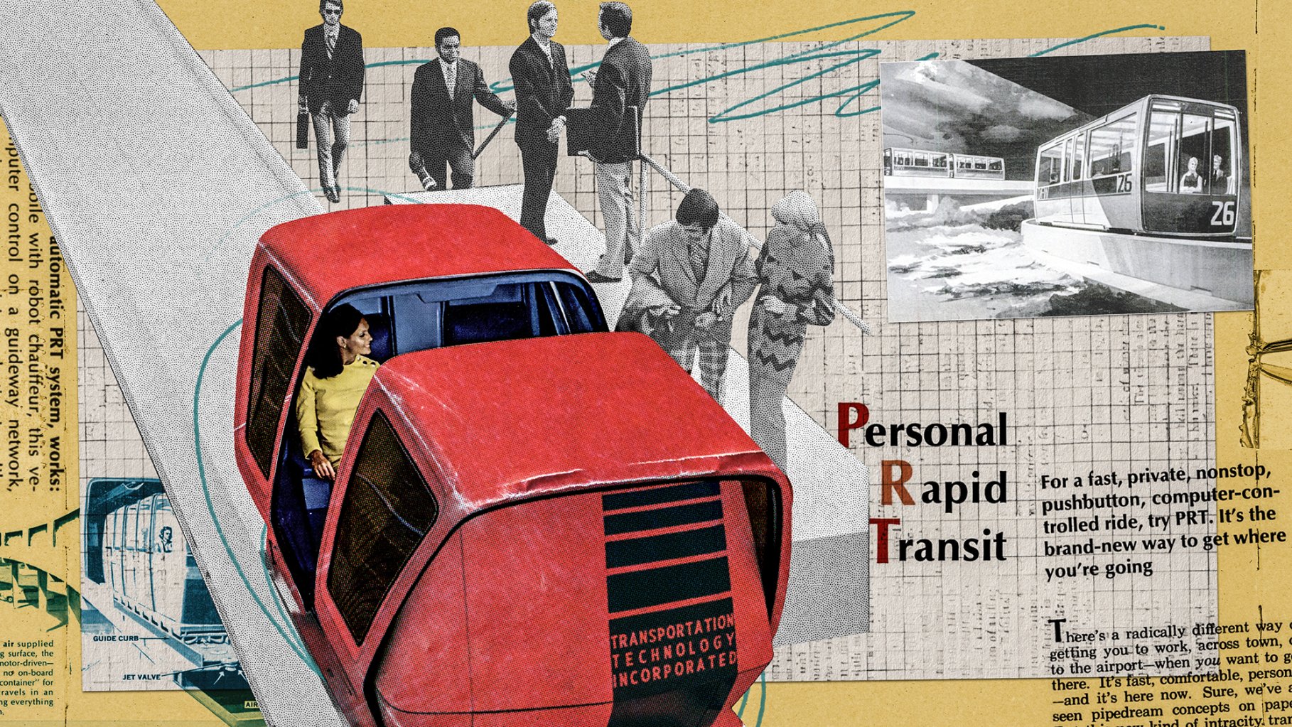 Art collage with a red vehicle.