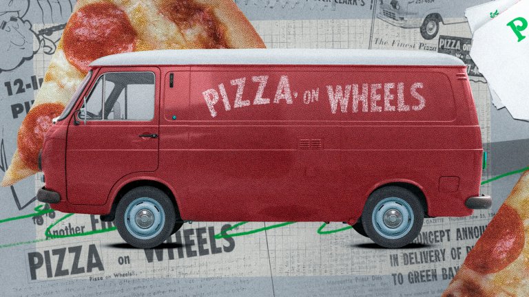Collage showing a red pizza truck with the words 'Pizza on wheels' with several slices of pizza floating in the background on newspaper prints.