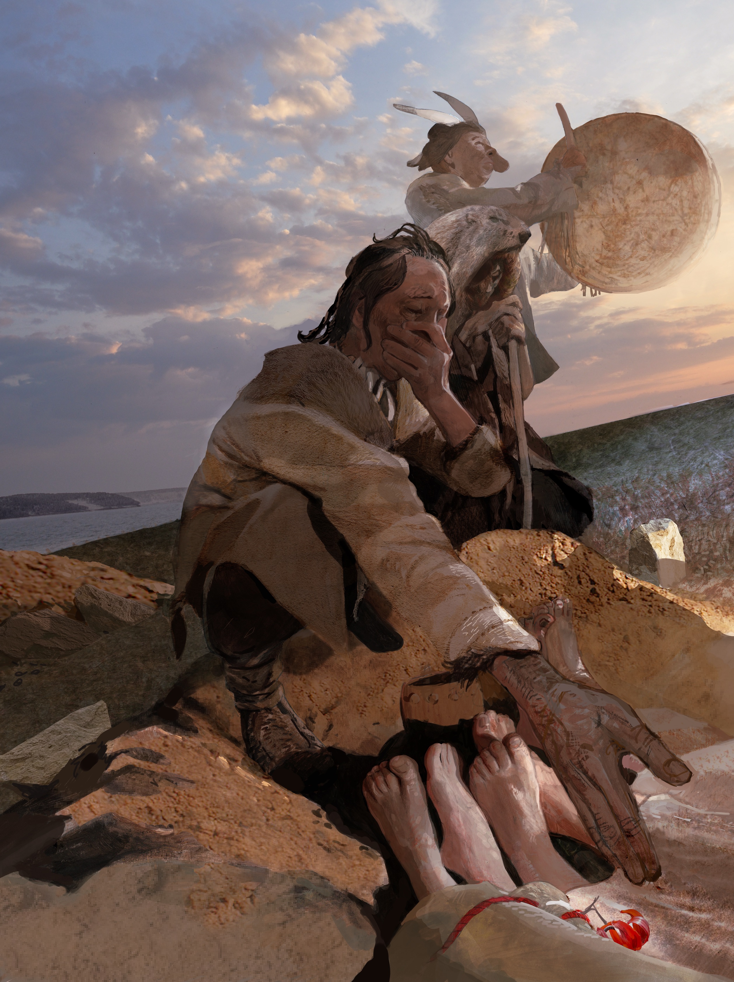 an illustration of hunter gatherers burying and mourning two people. one is covering his mouth and crying, one is wearing a beaver skin on his head, and one is playing a drum