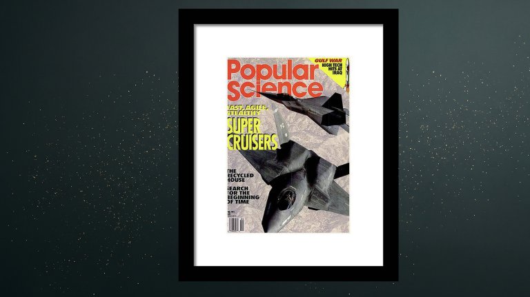 A framed Popular Science print with a cover featuring military jets