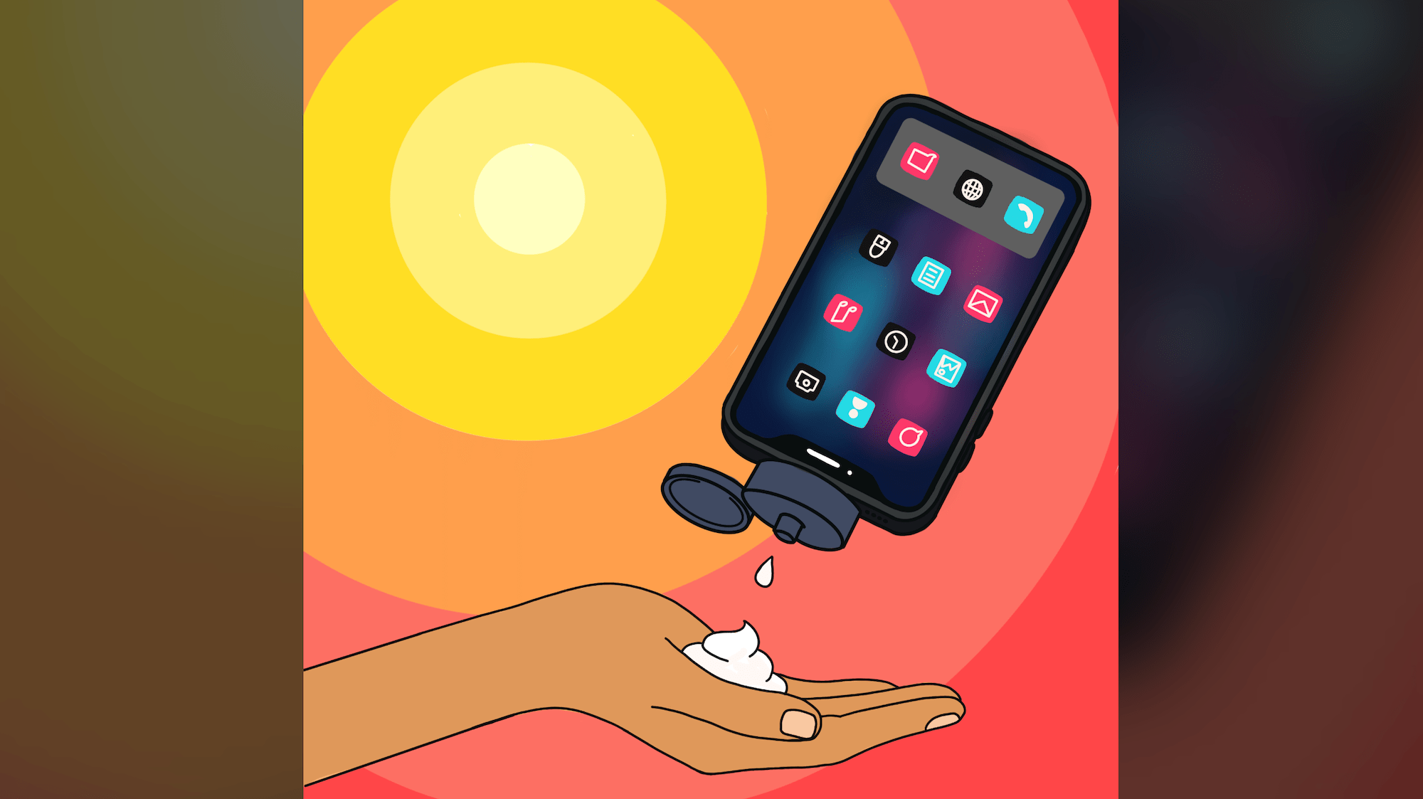 an illustration of a sunscreen bottle shaped like a smartphone drips sunscreen into the palm of a person's hand, with the sun blazing down