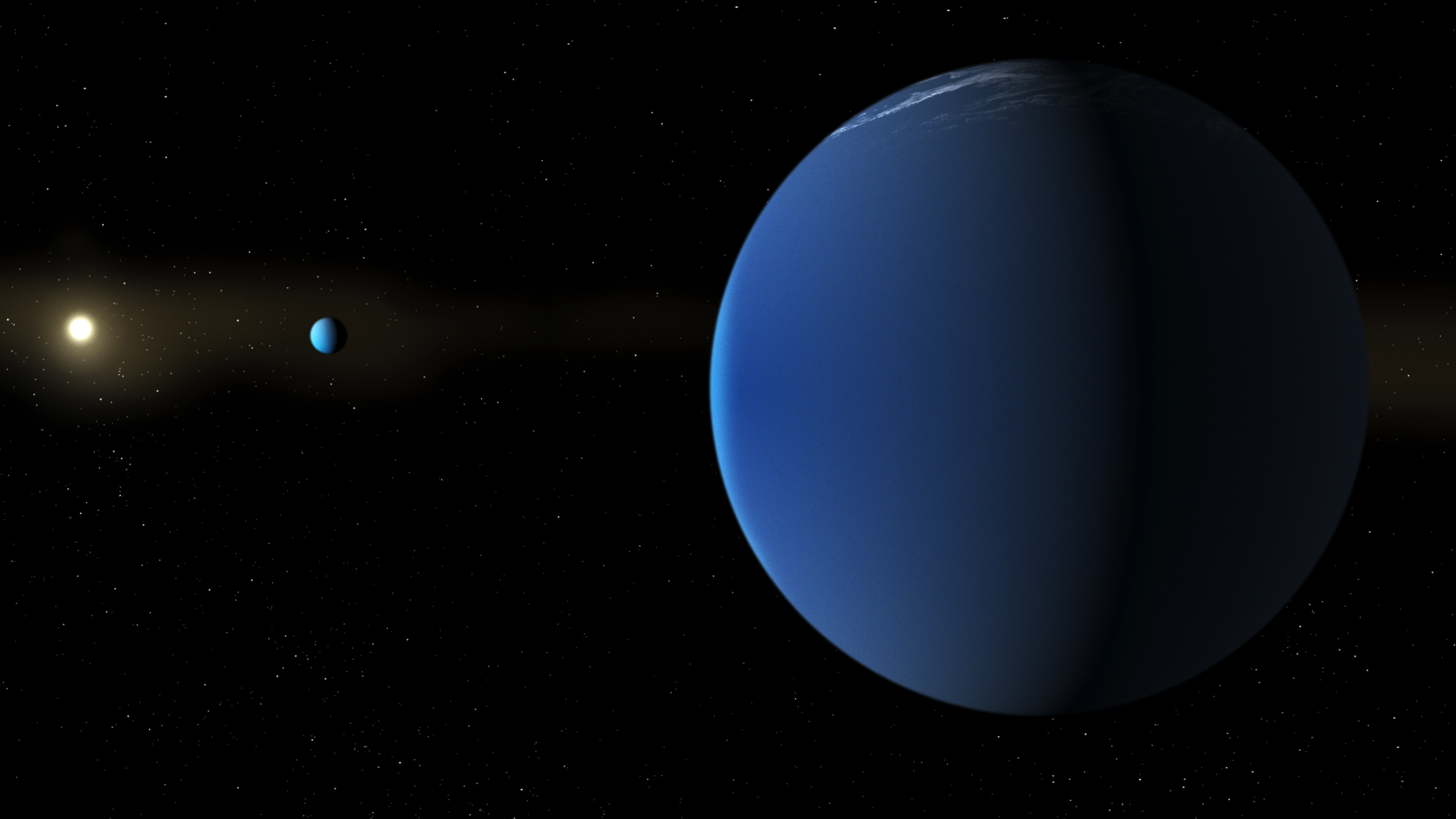 Illustration of two super-puff blue planets orbiting distant star