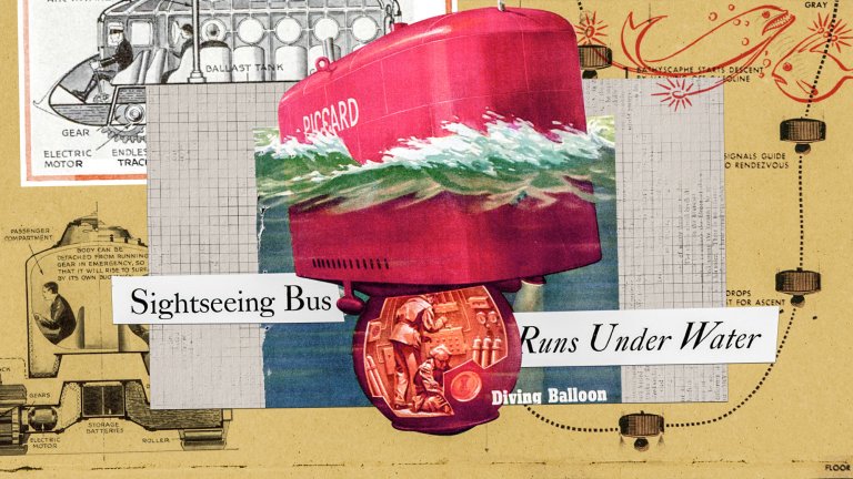 Collage showing a red submersible partly underwater.