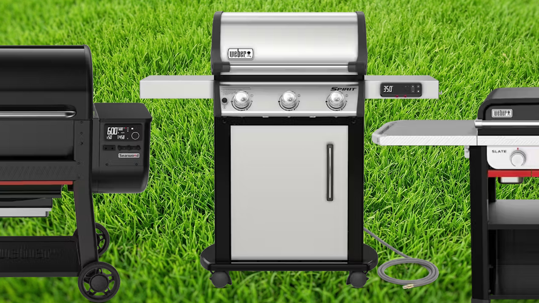 Weber pellet grill, gas grill, and flat top on a grass background.