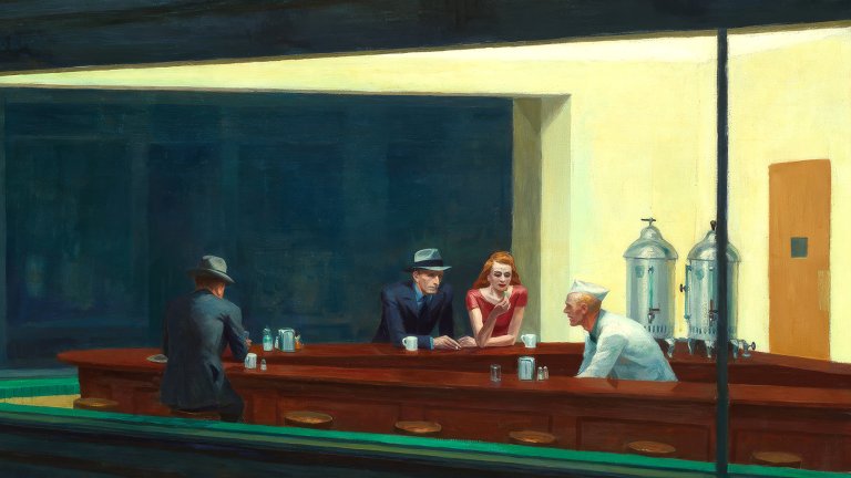 Painting showing three people at a counter getting drinks.