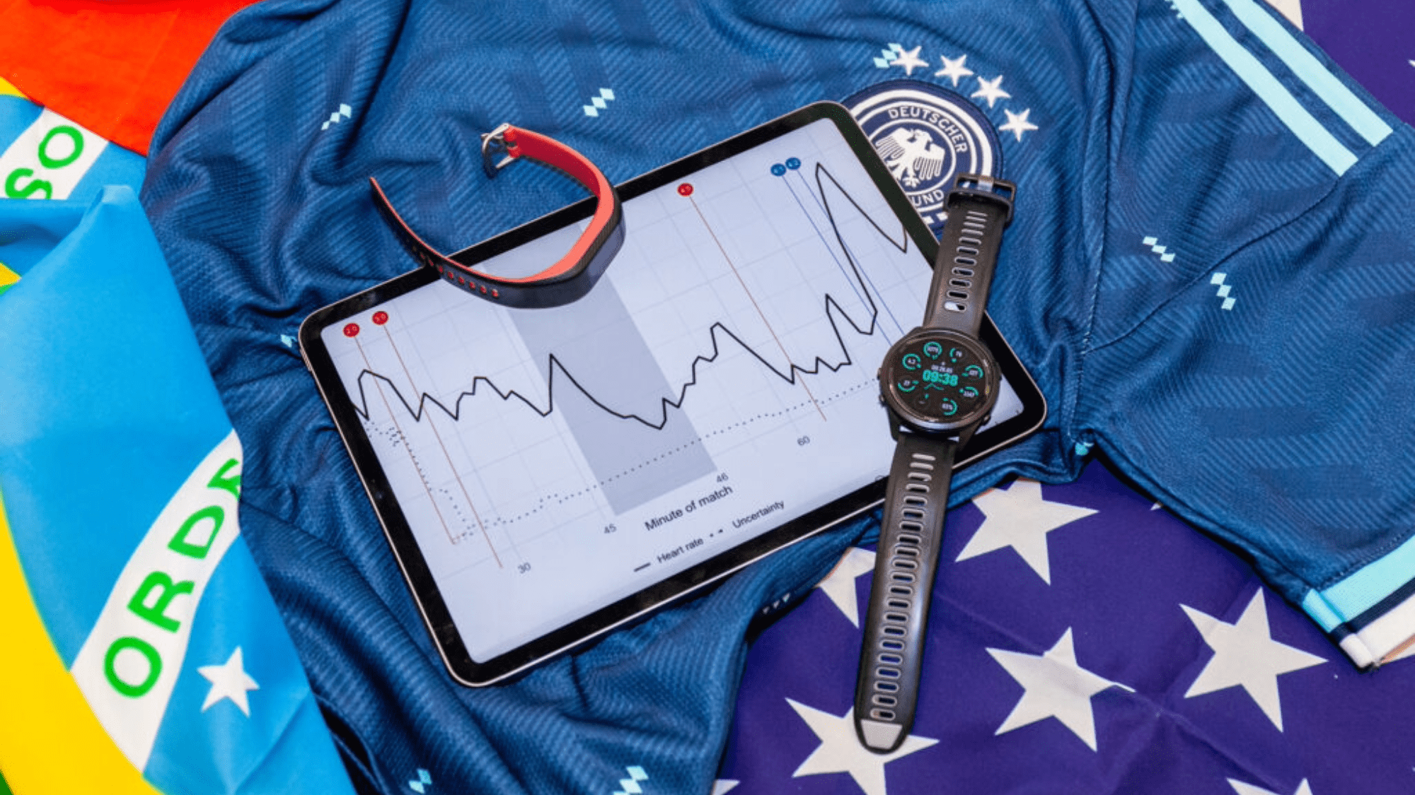 two smart watches and a tablet laying on various flags and soccer jerseys