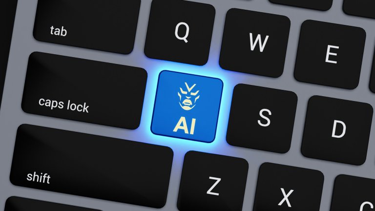 An "AI button" highlighted in blue on a MacBook keyboard