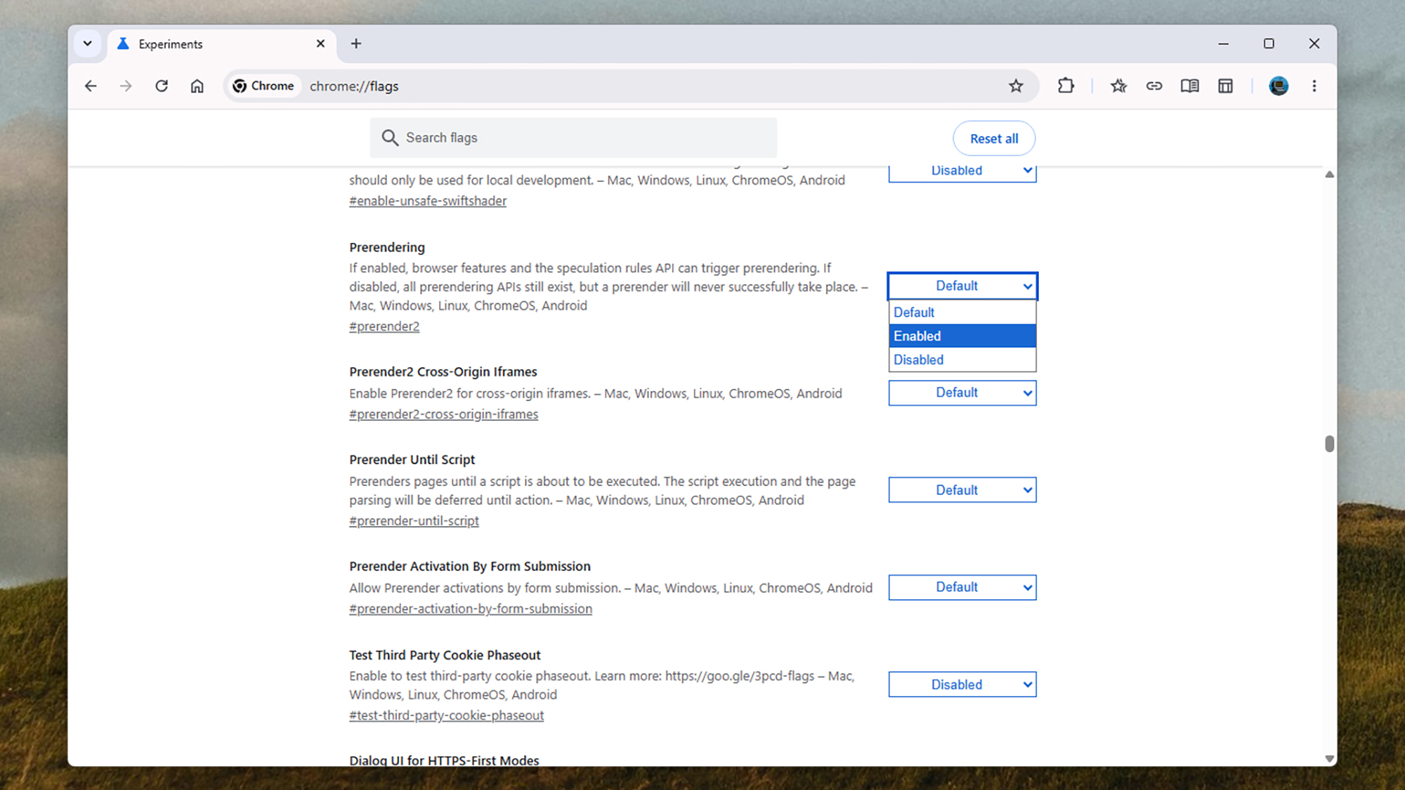 A screenshot of the Google Chrome flags page