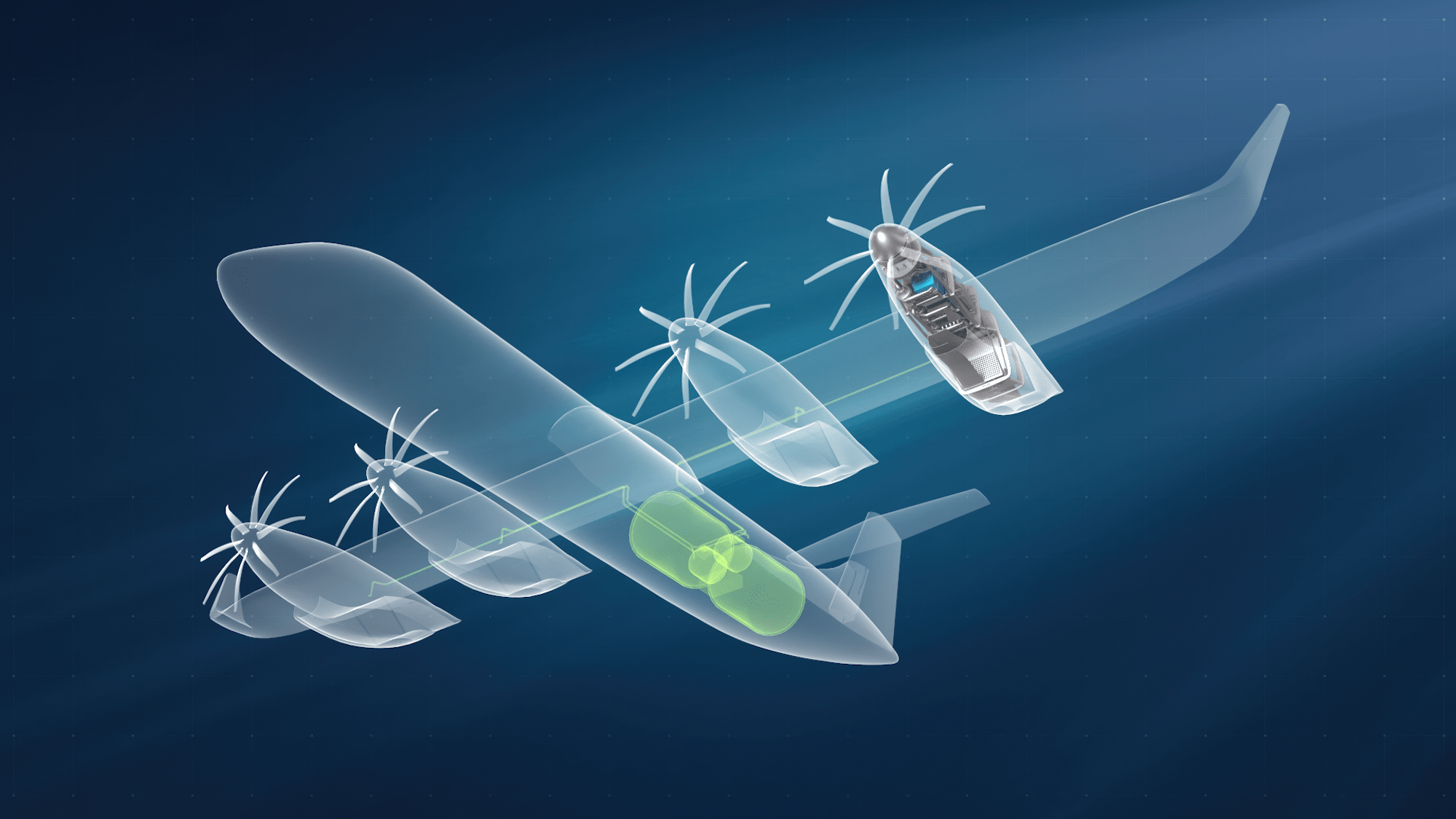 Concept art showing design of hydrogen fuel commerical plane with four propellors