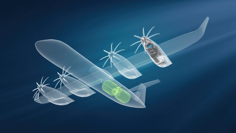 Concept art showing design of hydrogen fuel commerical plane with four propellors