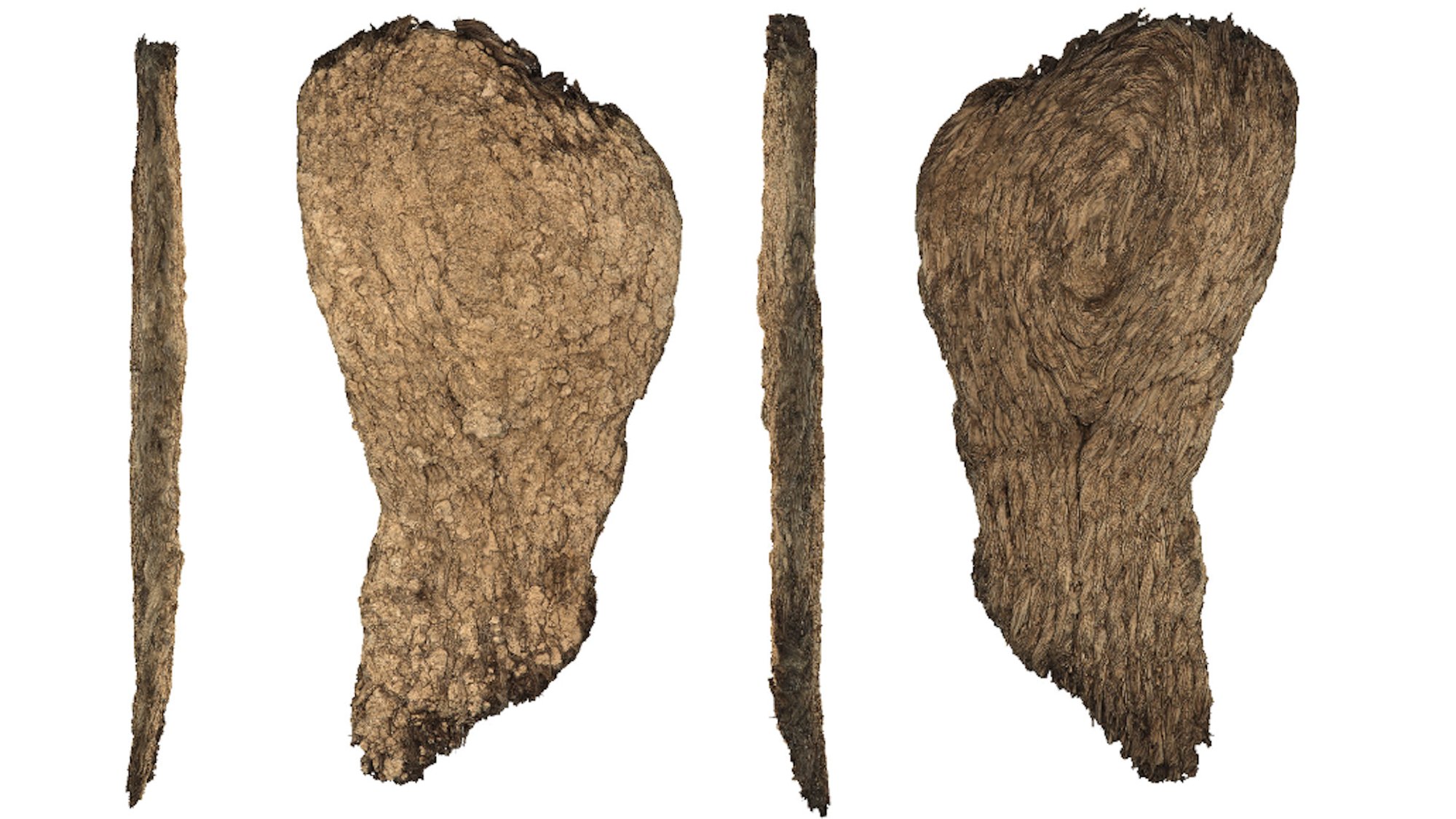 Photo of two Iron Age grass sandal soles next to their side profiles
