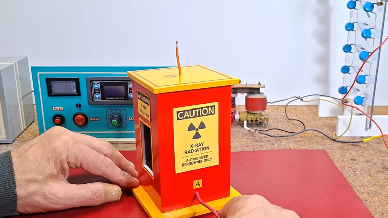 Homemade X-ray machine box with radioactive signage on workshop desk