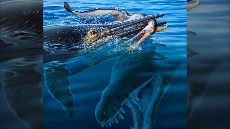 Artist painting of an ichthyosaur eating a pterosaur with a kronosaurus lurking underneath it