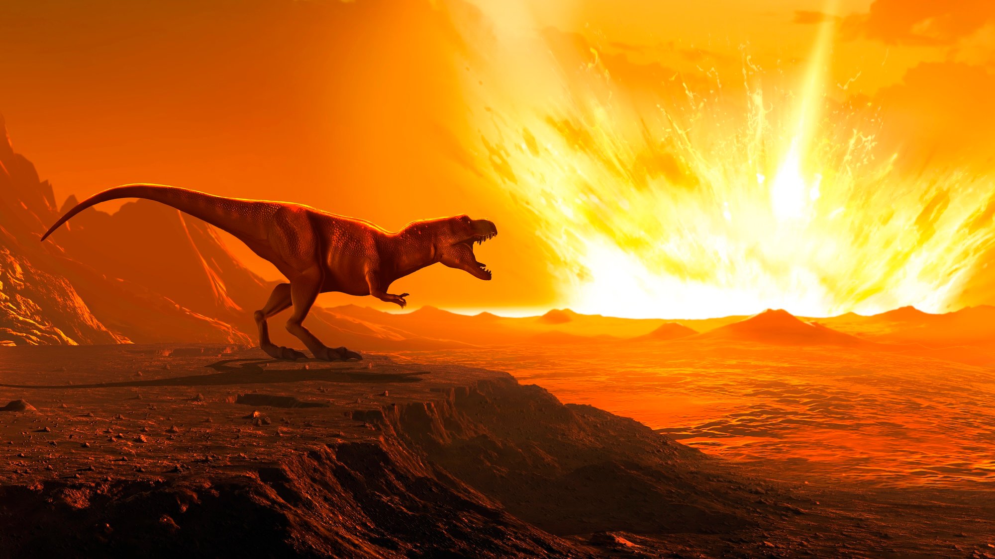Illustration of a tyrannosaurus as an asteroid strikes the Earth. Tyrannosaurus was one of the very last dinosaurs, wiped out 65 million years ago during the extinction event that ended the Cretaceous period. Scientists believe that the incident was provoked by the impact of an asteroid or comet with the Earth off the coast of what is now Mexico.