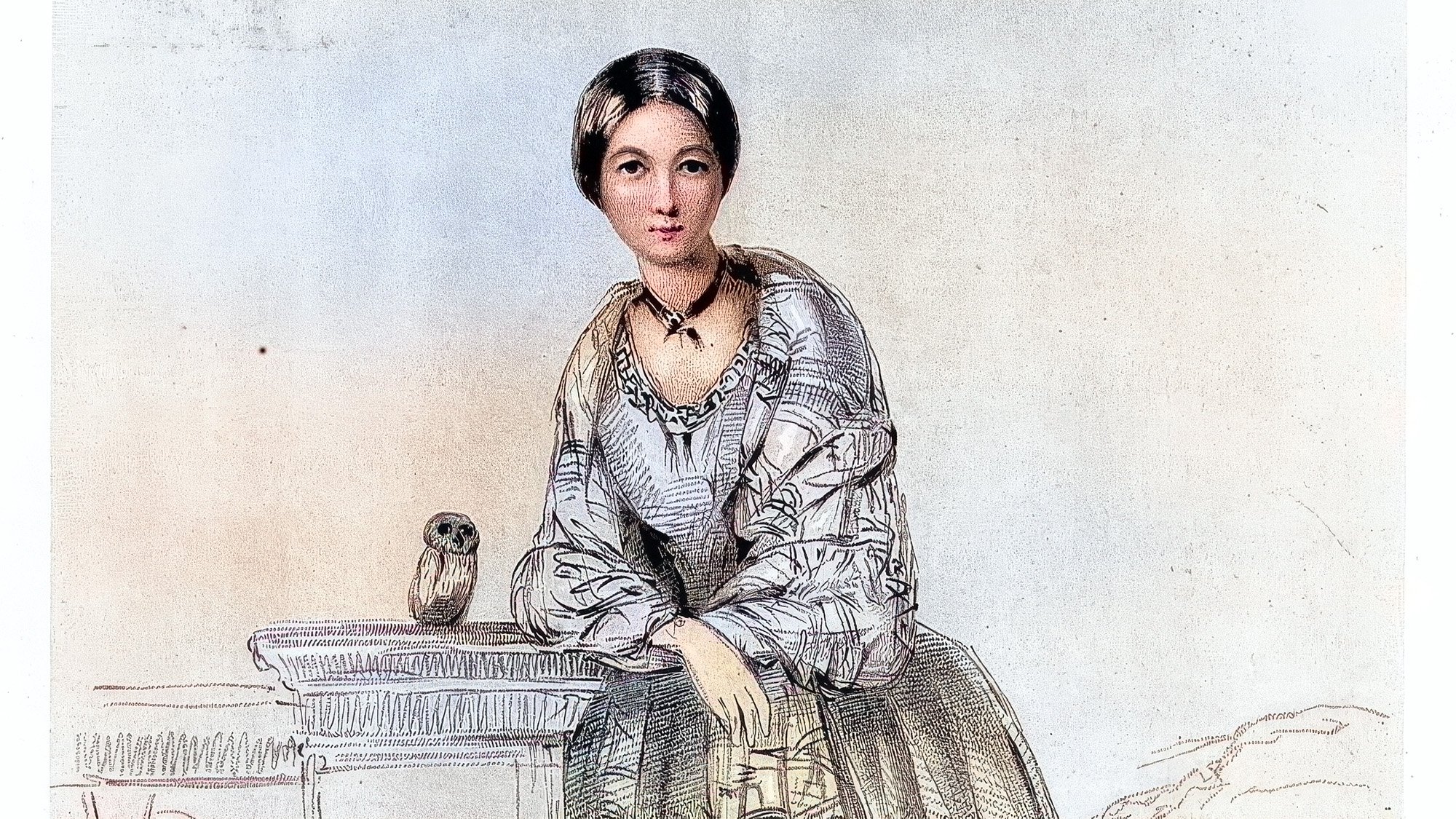 Woman in mid 1800s dress poses with an owl on a pedestal.