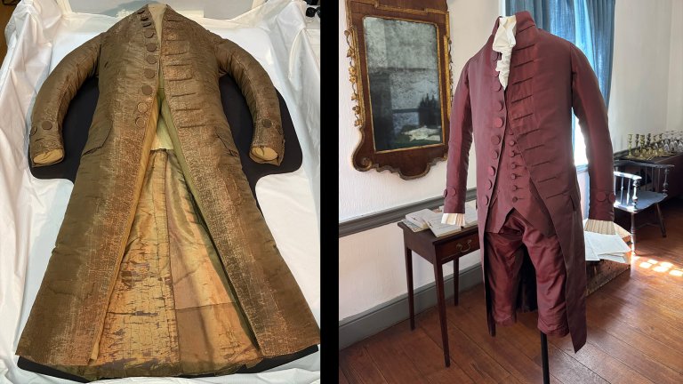 Two images with an old 18th century button down golden coat on the left and a purple version of the same coat on a manequin on the right.