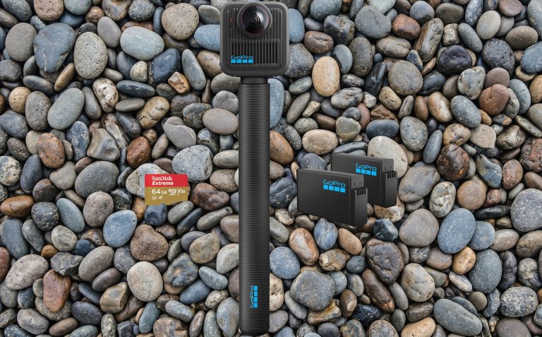 GoPro MAX2 + Accessory Bundle in front of rocks