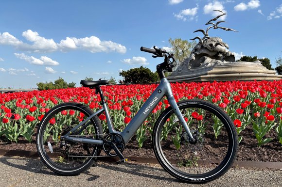 A titanium grey Heybike Venus e-bike sitting in front of red tulips at the Lady Bird Johnson Memorial