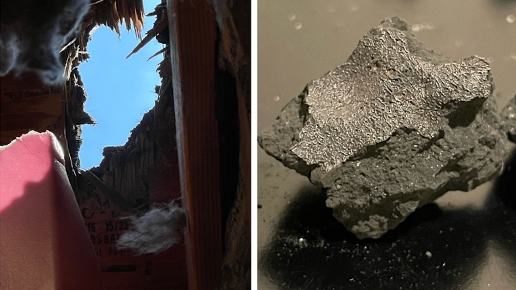 Side by side photo of meteorite impact hole in house roof, and an image of the meteorite fragment