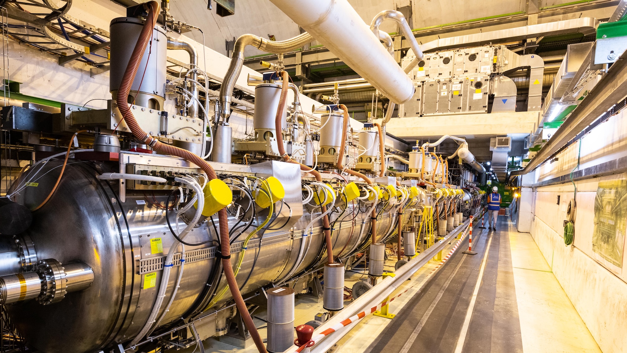 MEYRIN, SWITZERLAND - SEPTEMBER 14: A part of complex Large Hadron Collider (LHC) is seen underground during the Open Days at the CERN particle physics research facility on September 14, 2019 in Meyrin, Switzerland. The 27km-long Large Hadron Collider is currently shut down for maintenance, which has created an opportunity to offer access to the public. CERN, the European Organization for Nuclear Research, is the world's largest laboratory for research into particle physics. (Photo by Ronald Patrick/Getty Images)
