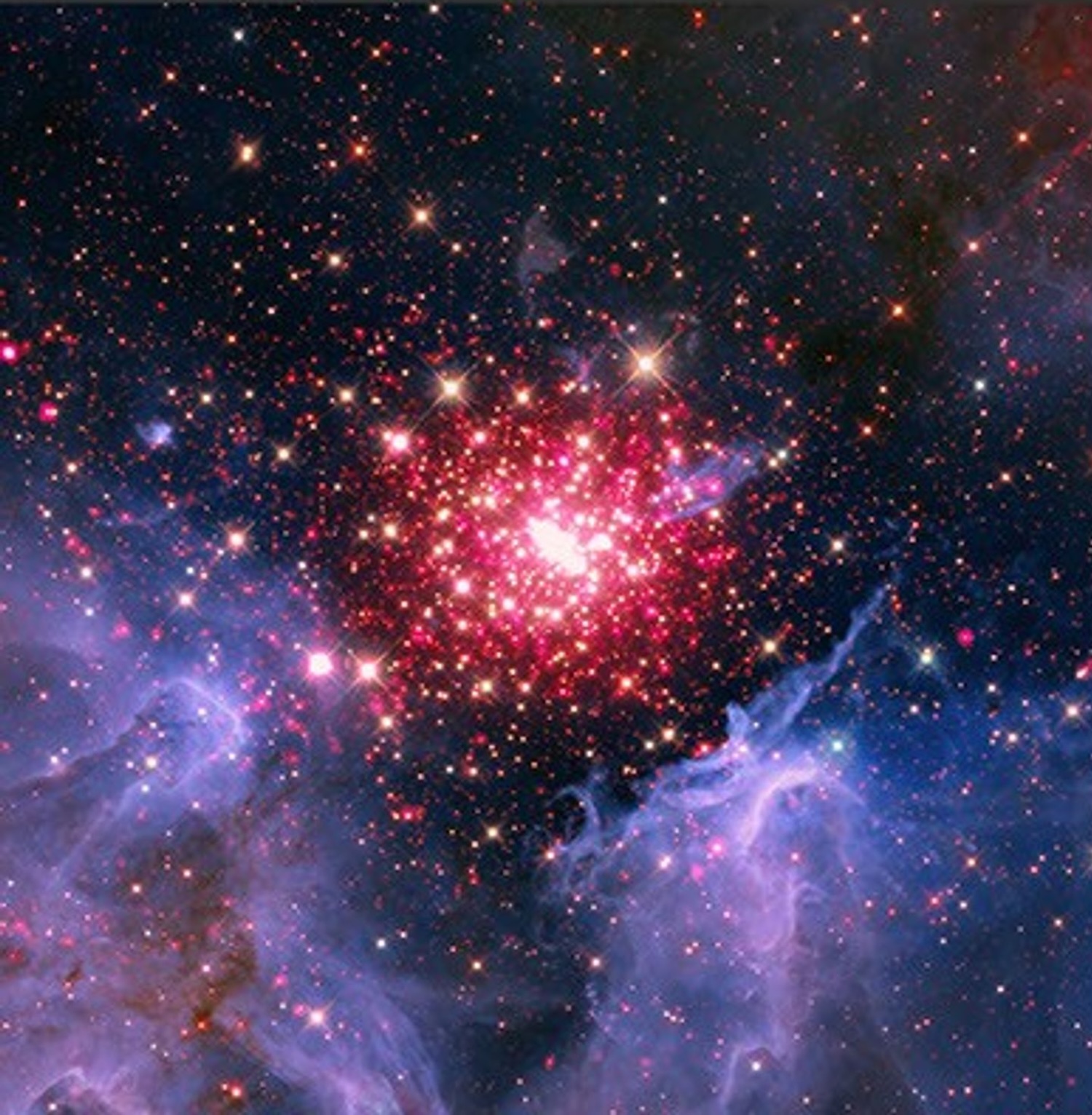 , a tight cluster of neon red and white stars packs the center of the image, dissipating as it reaches the outer edges of the panel. Sweeping in at the lower corners of the image are hazy blue clouds resembling sheets of gauze.
