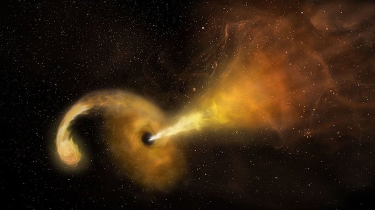 This artist's concept depicts a tidal disruption event, which occurs when a star passes fatally close to a supermassive black hole. Crumbs of the splintering star heat up as they swirl around the black hole, creating a glow astronomers can see from far across the cosmos, and the black hole launches a relativistic jet into space.