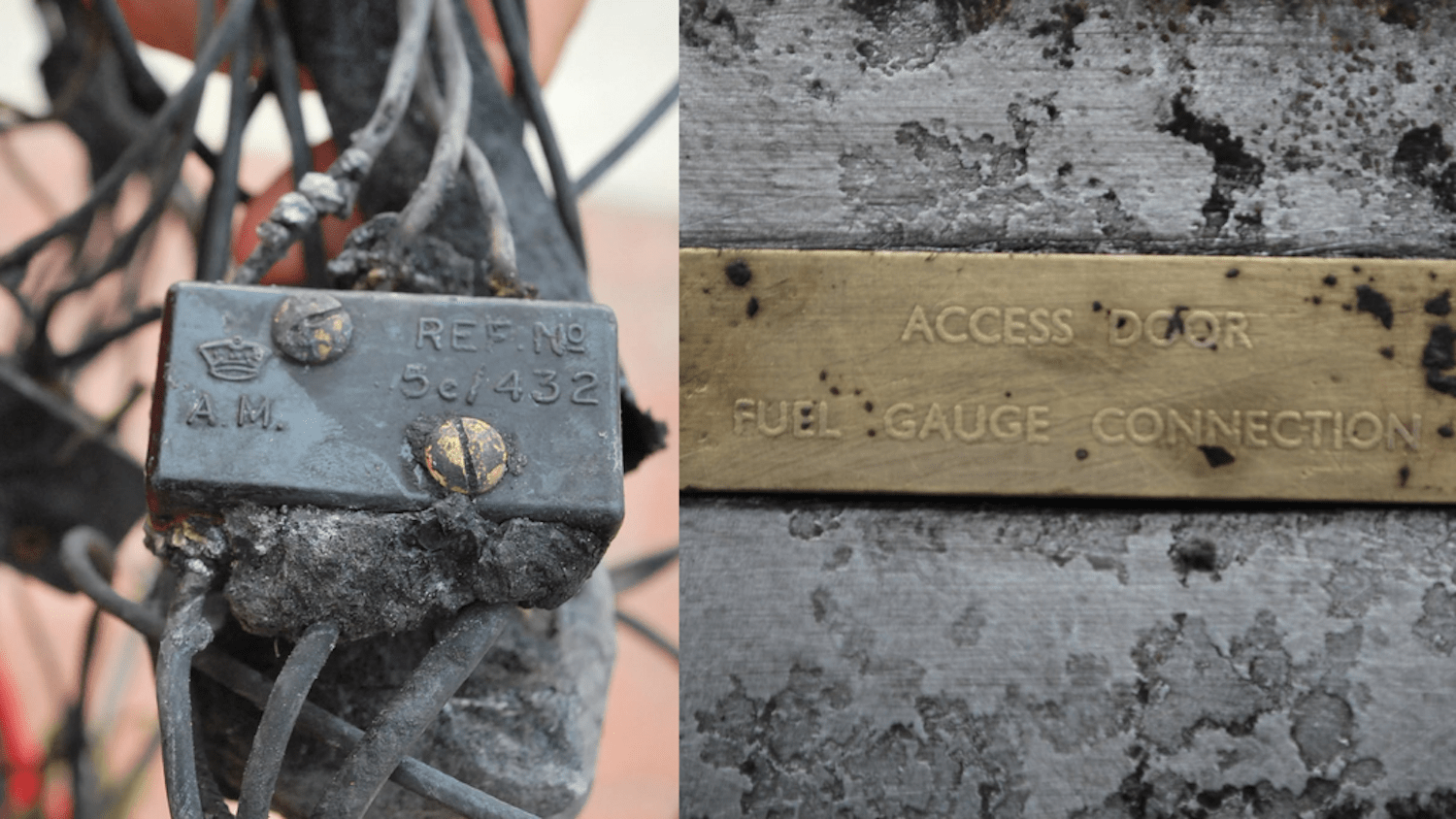 Side by side close up photos of aircraft wreckage including a serial number and a fuel gauge connection