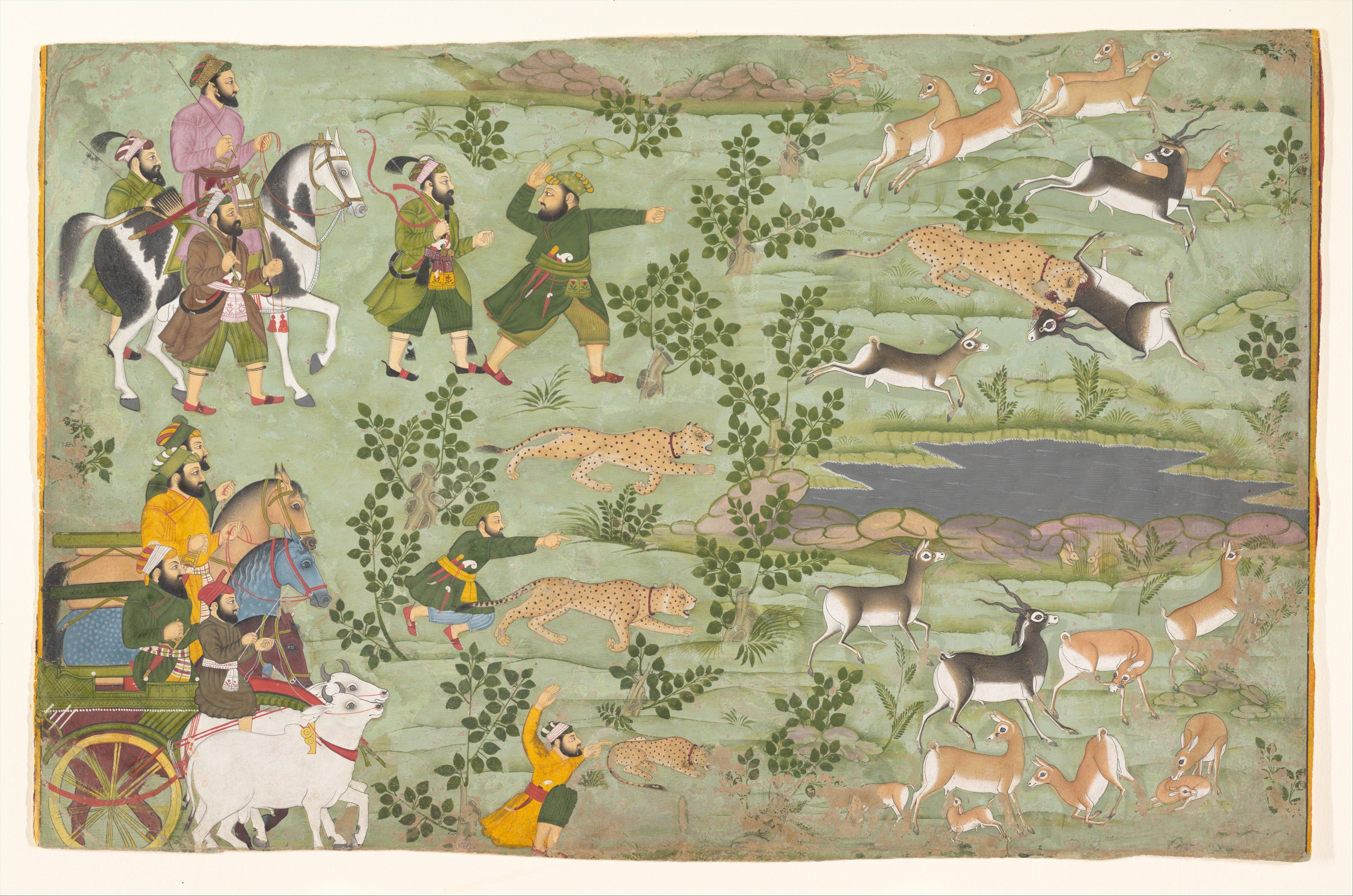 The Mughal emperor is seen on horseback entering the scene upper left accompanied by his huntsmen (shikaris) on foot. They are mostly dressed in hunting green and stalk the prey, a herd of deer with trained cheetahs, through a landscape of undulating rocky hillocks and light foliage. The deer have likely been drinking at the silvered pool but now scatter as they become aware of the hunt. One has already fallen prey to a cheetah.