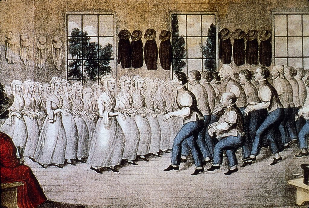 A 19th century illustration showing women in bonnets dancing on the left and men dancing on the right in a large room with windows.