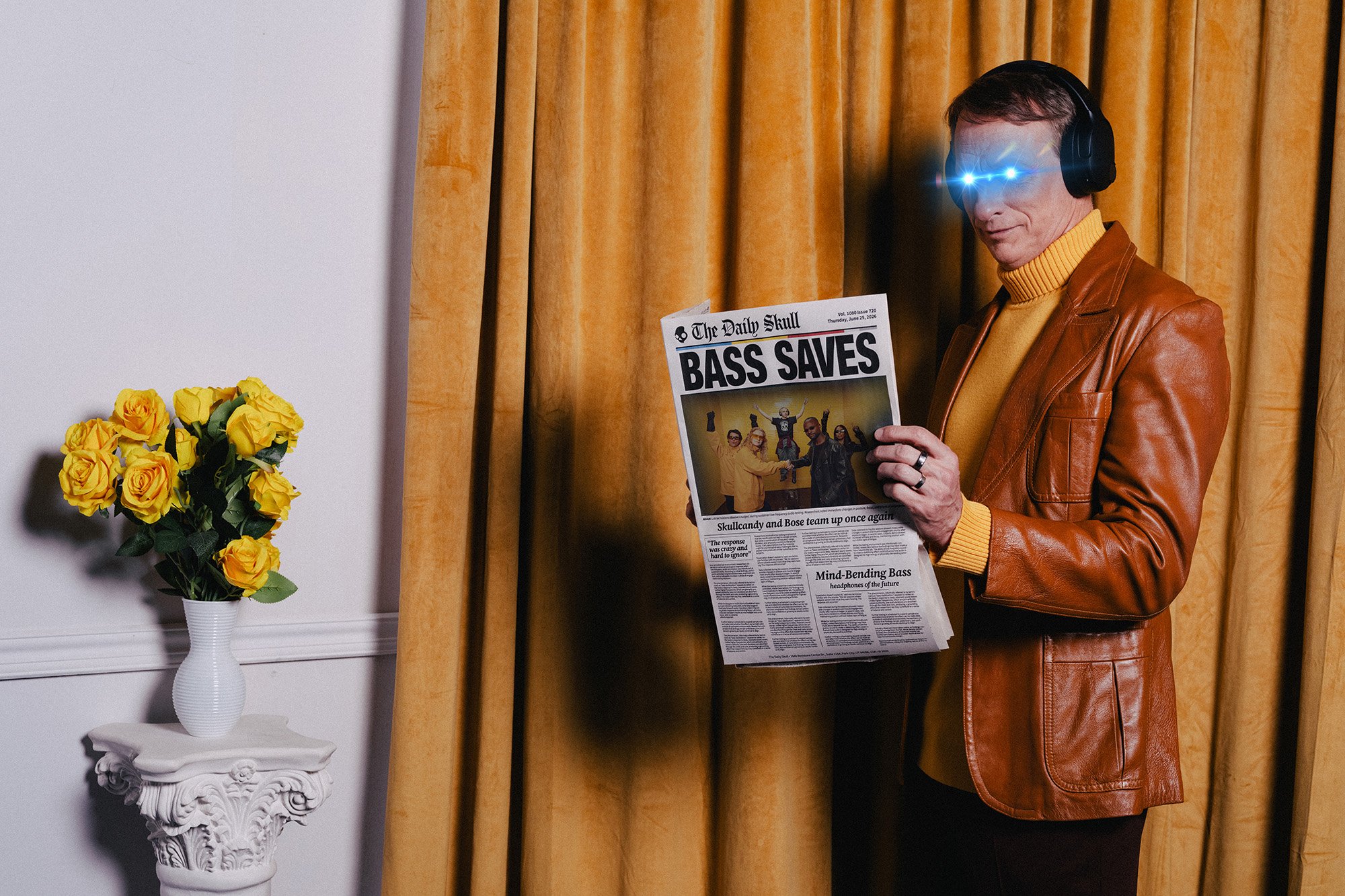 Skullcandy brand ambassador Tony Hawk dressed as the "mastermind" behind the brand's mission to provide bigger better bass