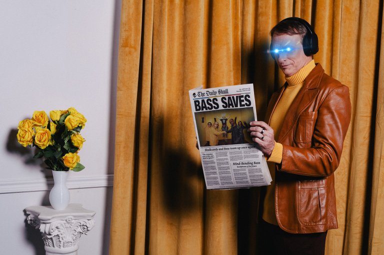 Skullcandy brand ambassador Tony Hawk dressed as the "mastermind" behind the brand's mission to provide bigger better bass